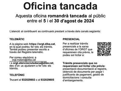 L'oficina de l'ORGT tanca per vacances del 5 al 30 d'agost